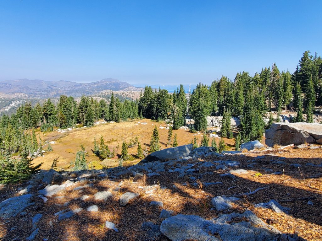 A panorama of a back country wilderness landscape in the Sierra Mountains.